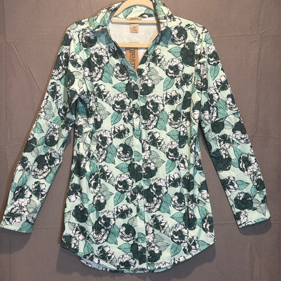 Duluth Trading Womens Sidewinder Green Floral Button Vented Nylon Spandex Tunic - Picture 1 of 7